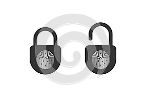 Fingerprint padlock icons concept. Fingerprint lock or unlock. Locked and unlocked modes. Vector illustration