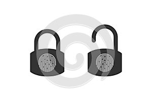 Fingerprint padlock icons. Fingerprint lock or unlock. Locked and unlocked modes. Vector illustration