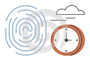 Fingerprint, Clock, and Cloud Representing Identity, Time Management, and Digital Connectivity