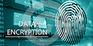 Fingerprint Protection concept: Data Encryption on digital supercomputer background