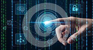 Fingerprint scan activates futuristic digital security interface