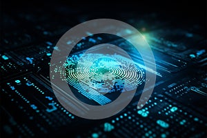 Fingerprint scan and binary code on a deep blue background