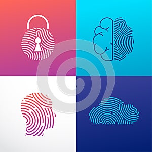 Fingerprint scan logo, privacy, cyber security ,identity information and network protection. Person head, brain, cloud