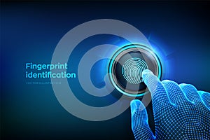 Fingerprint scan provides security access with biometrics identification. Closeup finger about to press a button. Fingerprint photo