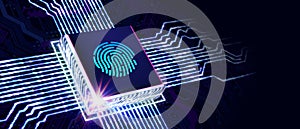 Fingerprint scan provides security.  Business, technology, internet and networking concept