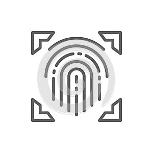 Fingerprint, scanned finger, cryptographic signature, identity line icon.