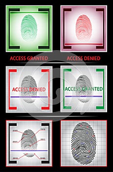 Fingerprint scanner. Access granted denied. Set. Vector illustration