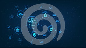 fingerprint scanning and biometric technology element. on blue dark background. cloud data storage and identification. security