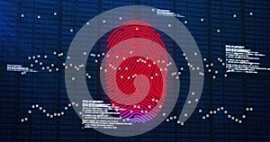 Fingerprint scanning and data processing image over binary code background