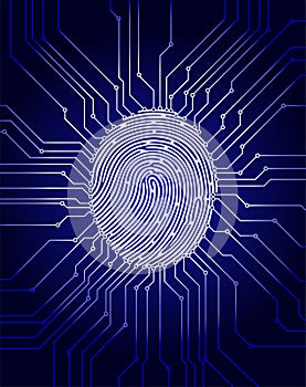 Fingerprint scanning, digital biometric security system, data protection, dark blue background, vector illustration
