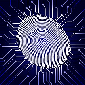 Fingerprint scanning, digital biometric security system, data protection, dark blue background, vector illustration