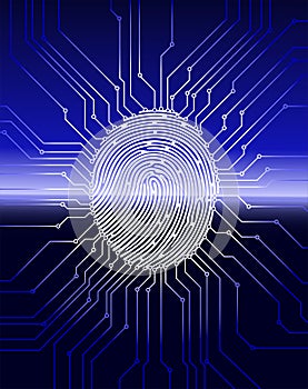 Fingerprint scanning, digital biometric security system, data protection, dark blue background, vector illustration