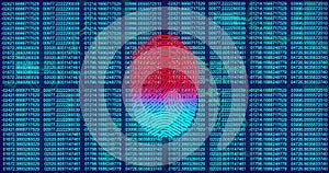 Fingerprint scanning image over digital binary code background