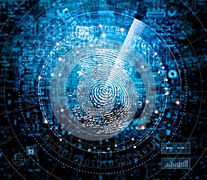 Fingerprint scanning and searching identity on blue cyber tech