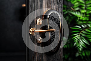 A fingerprint-scanning smart lock installed on a front door, providing high-security access with a biometric authentication system