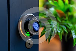 A fingerprint-scanning smart lock installed on a front door, providing high-security access with a biometric authentication system