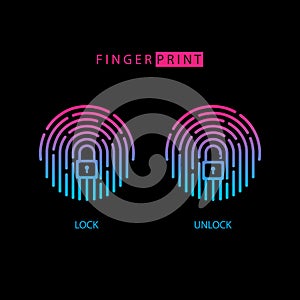 Fingerprint touch ID icon with padlock sign. Lock and unlock.