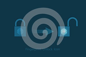Fingerprint unlock icon on dark blue background with direction arrow