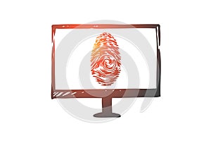 Fingerprints, computer, protection, security, data concept. Hand drawn isolated vector.