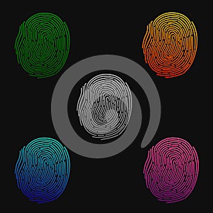 Fingerprints. Illustration of the fingerprint of different colors on a black background. Vector illustration