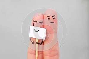 Fingers art of couple. Concept of woman hiding emotions, man is happy