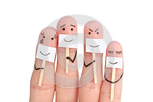 Fingers art of family. Concept of people hiding emotions  isolated on white