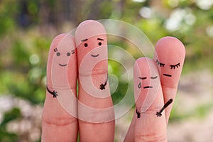 Fingers art of family during quarrel. Concept of parents divorced, kid remained with mom.