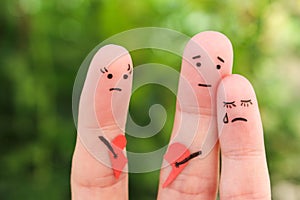 Fingers art of family during quarrel. Concept of parents had fight