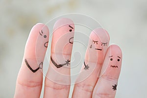 Fingers art of family during quarrel. The concept of parents scolded children, they were crying