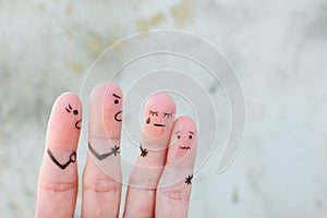 Fingers art of family during quarrel. The concept of parents scolded children, they were crying