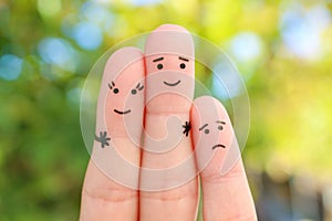 Fingers art of happy couple. Child is angry