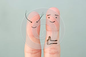 Fingers art of Happy couple. Man likes women`s long eyelashes