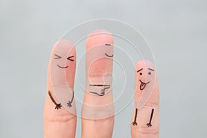 Fingers art of happy family. Concept of child makes face and parents laugh