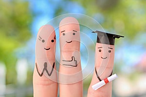 Fingers art of happy family. Concept parents are proud of their child graduated from college