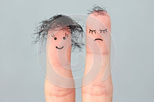 Fingers art of people. One woman is upset because she doesn`t have much hair