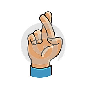 Fingers crossed symbol. Gesture good luck, fortune, lie, deception. Cartoon vector illustration