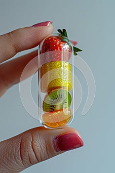 Fingers holding a mini pill inside with fruits on white soft background, Vitamins supplements