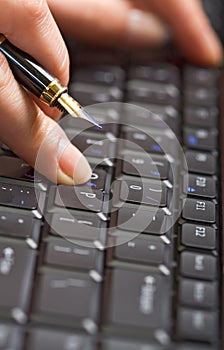 Fingers holding pen over keyboard