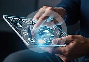 Fingers interact with futuristic holographic touchscreen displaying data analytics and glowing charts