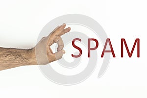 Fingers kicking spammer word on the whiteboard photo