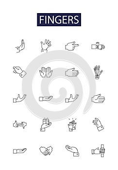 Fingers line vector icons and signs. Digits, Limbs, Phalanges, Claws, Handles, Grips, Grasps, Palms outline vector