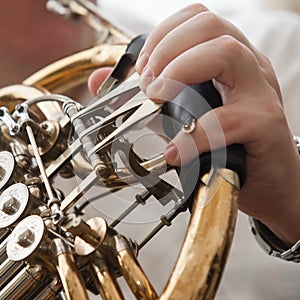 The fingers of the musician playing the French horn