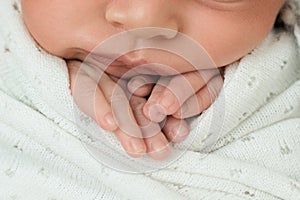 Fingers of a newborn baby, toes in the hands of mom and dad, hands and nails of a child, the first days of life after birth