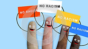 Fingers of one hand, of various ethnic groups manifest with banners, ideal footage to represent integration and racial