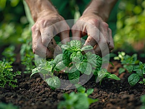 Fingers planting an herb garden
