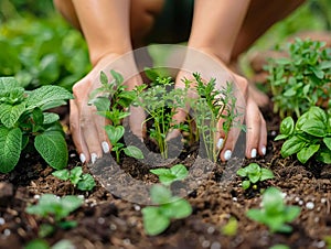 Fingers planting an herb garden