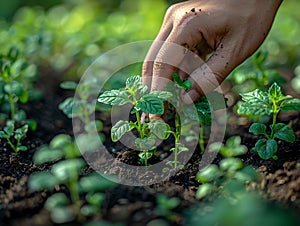 Fingers planting an herb garden