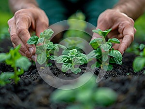 Fingers planting an herb garden