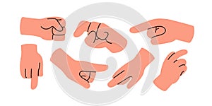 Fingers pointing, pushing, showing, pressing. Hand gestures set. Forefinger indicating, touching, clicking, guiding, directing.