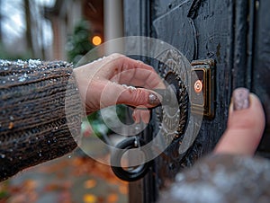 Fingers pressing a doorbell evoking arrival